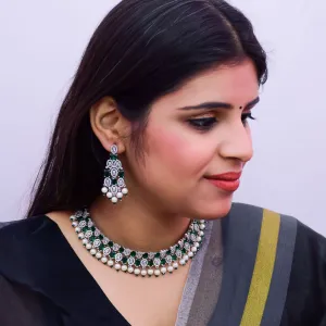 Designer Semi-Precious American Diamond Emerald Necklace & Earrings With Pearls Beads (D673)