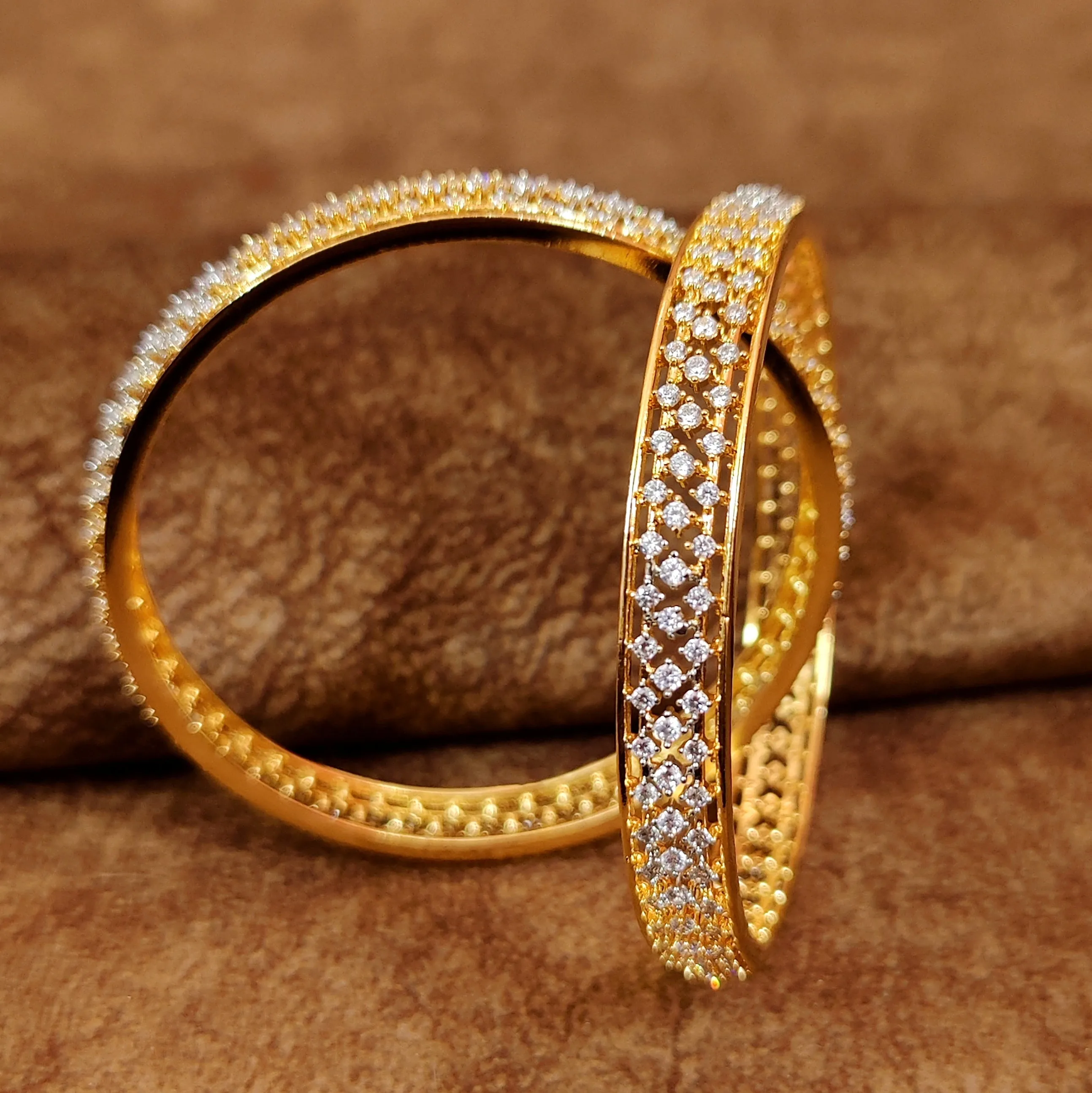 DIAMOND PATTERN GOLD PLATED CZ FINE BANGLES