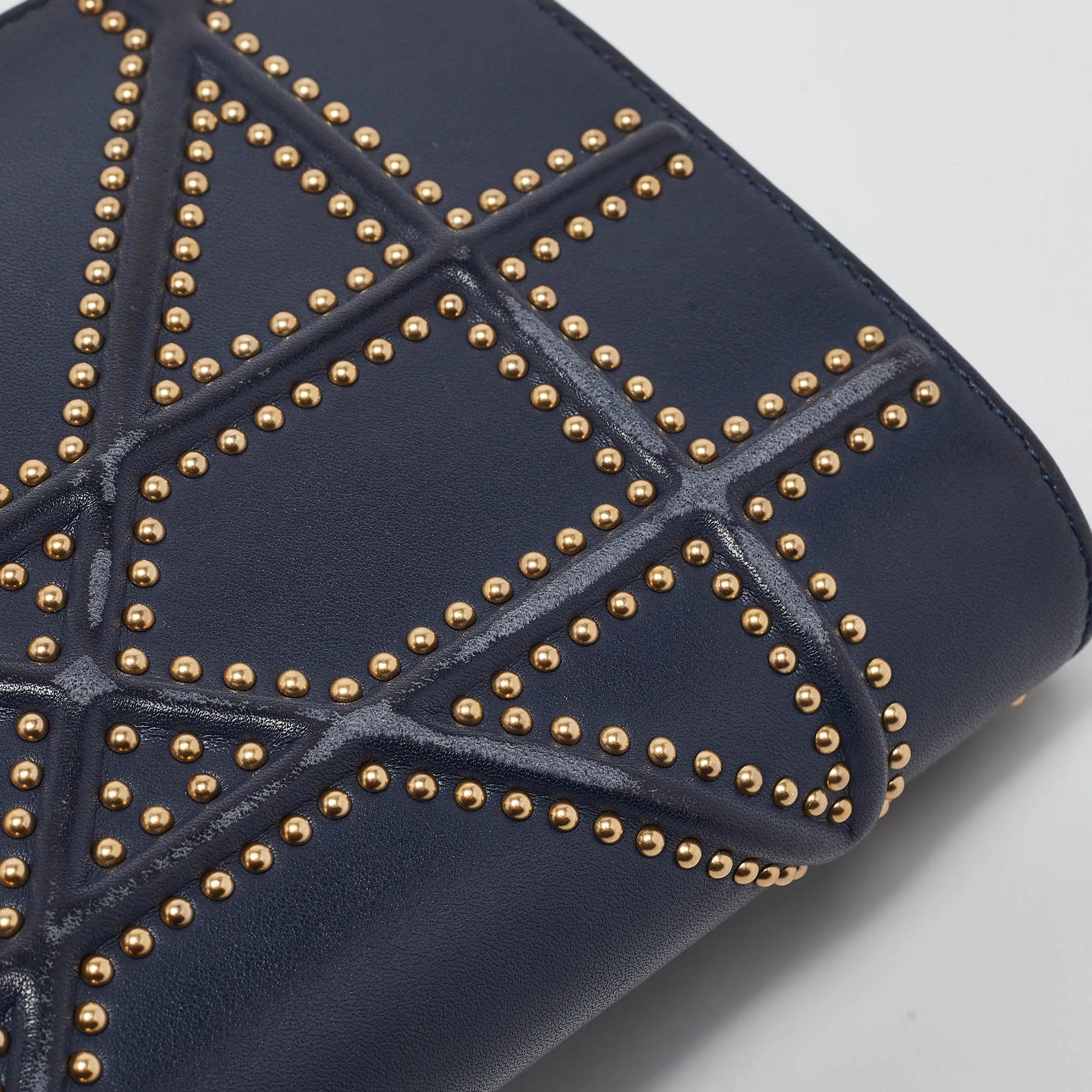 Dior Navy Blue Leather Studded Diorama Wallet On Chain