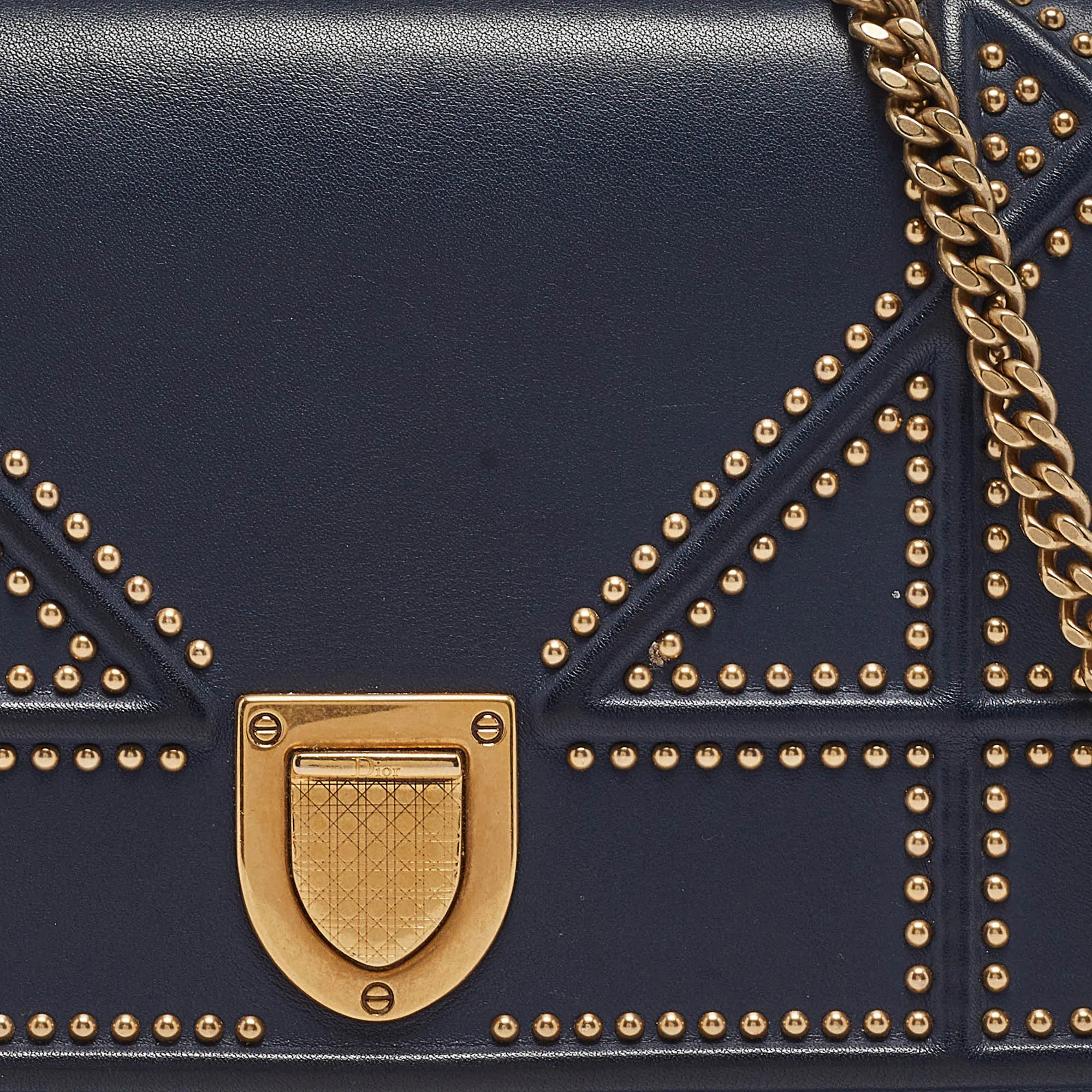 Dior Navy Blue Leather Studded Diorama Wallet On Chain