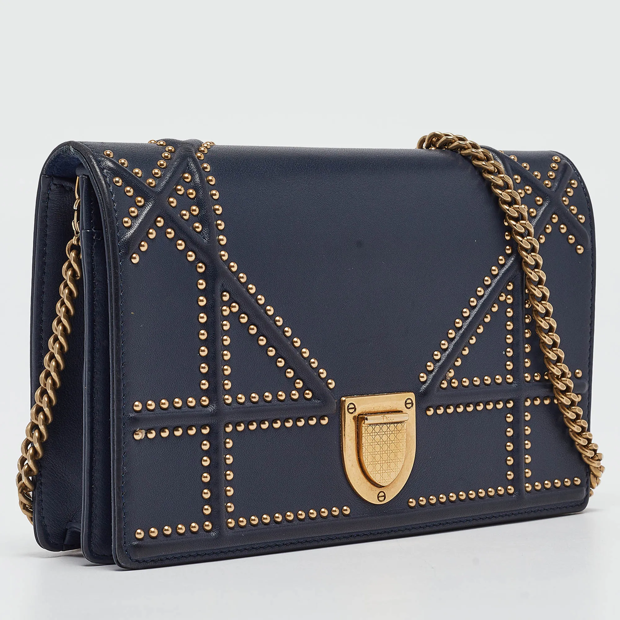 Dior Navy Blue Leather Studded Diorama Wallet On Chain