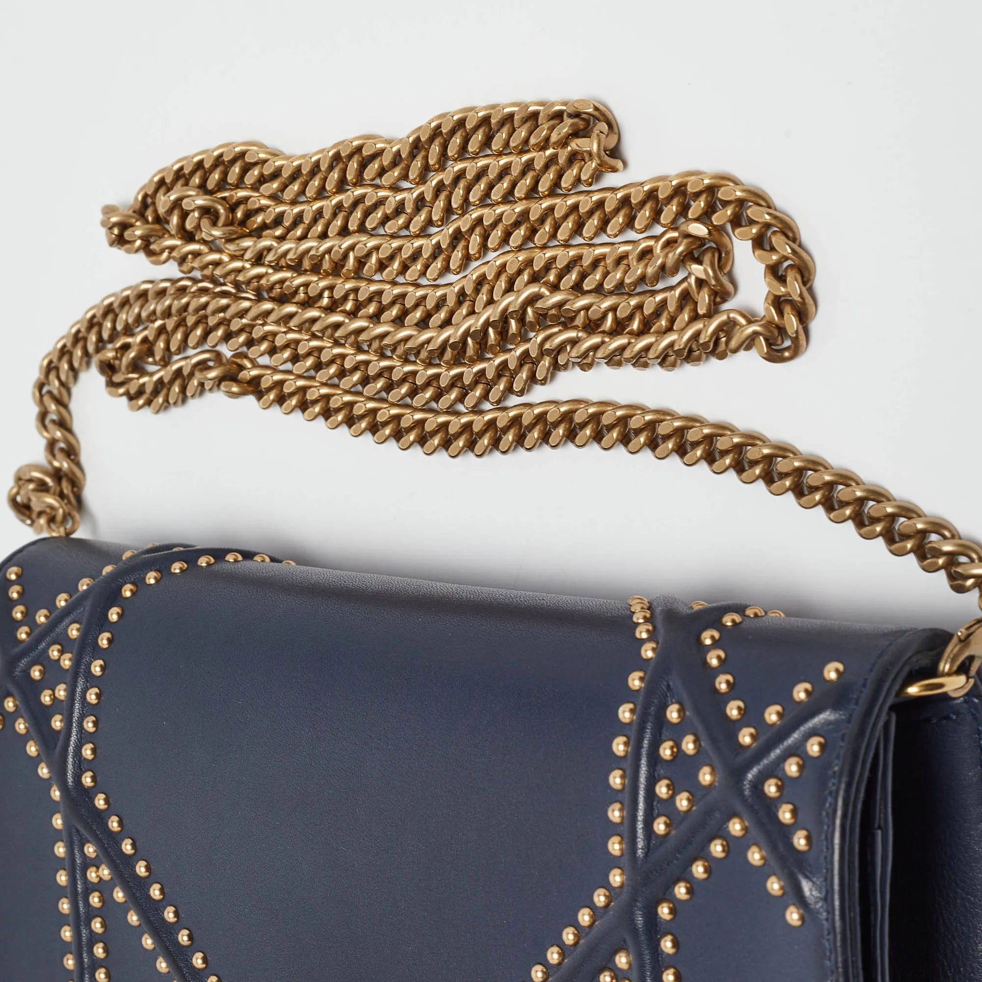 Dior Navy Blue Leather Studded Diorama Wallet On Chain