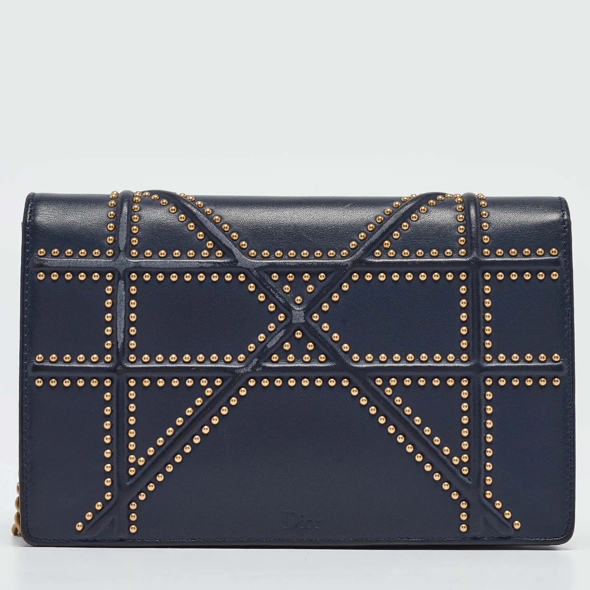 Dior Navy Blue Leather Studded Diorama Wallet On Chain