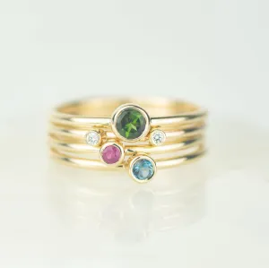 Draco - Green Tourmaline, Ruby, London Blue Topaz and Diamond Gold Stacking Ring Set