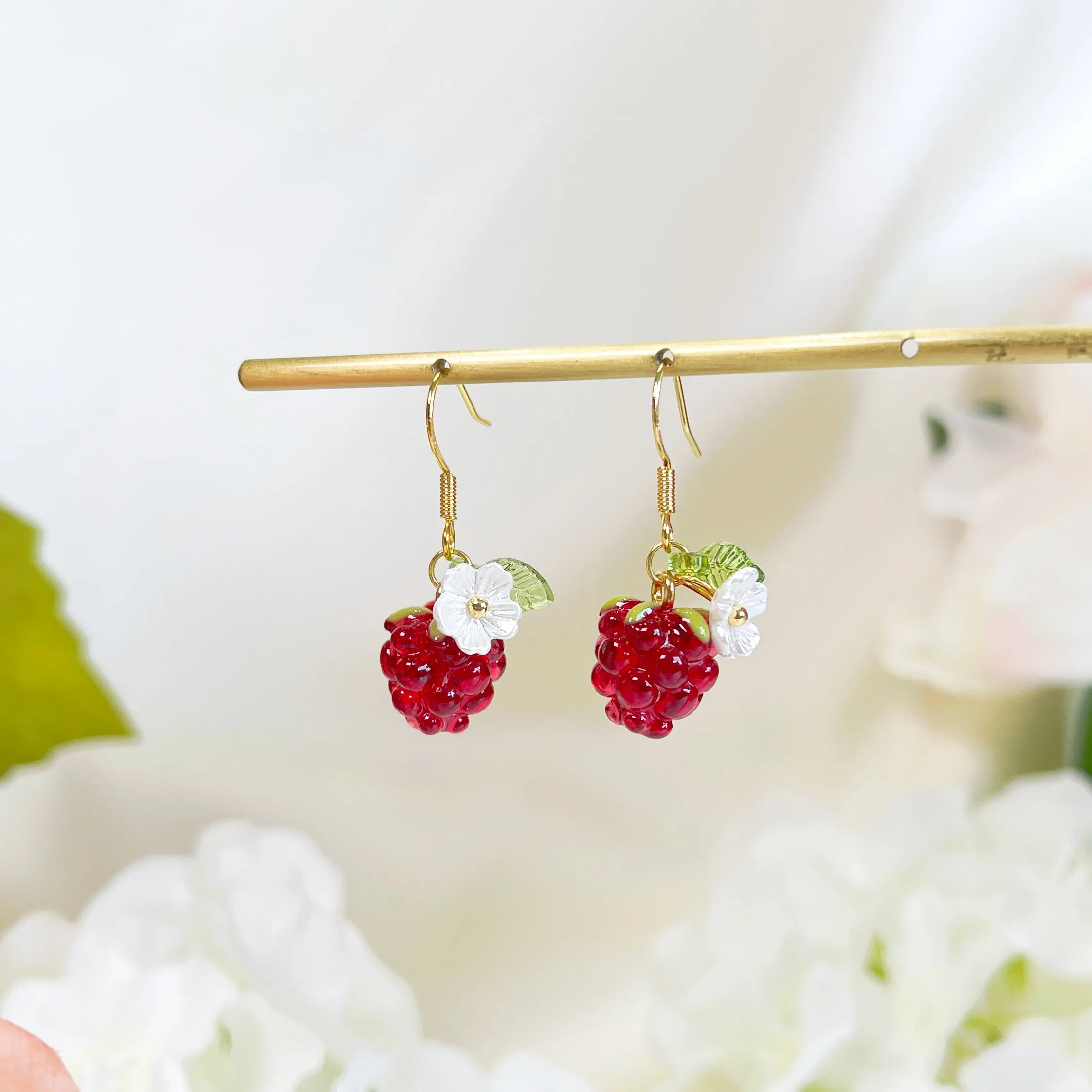 E192 dainty glazed cute raspberry fruit dangle earrings