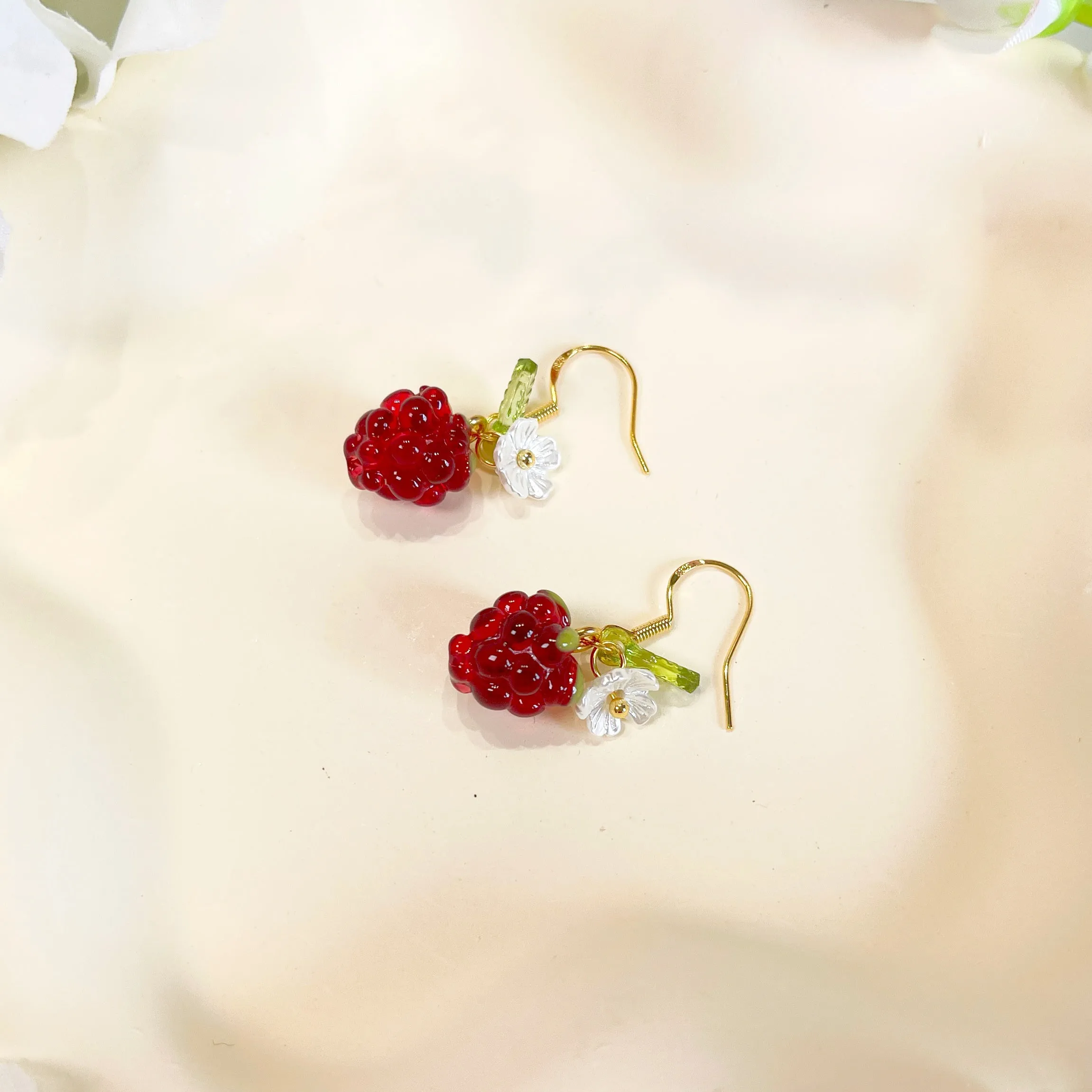 E192 dainty glazed cute raspberry fruit dangle earrings