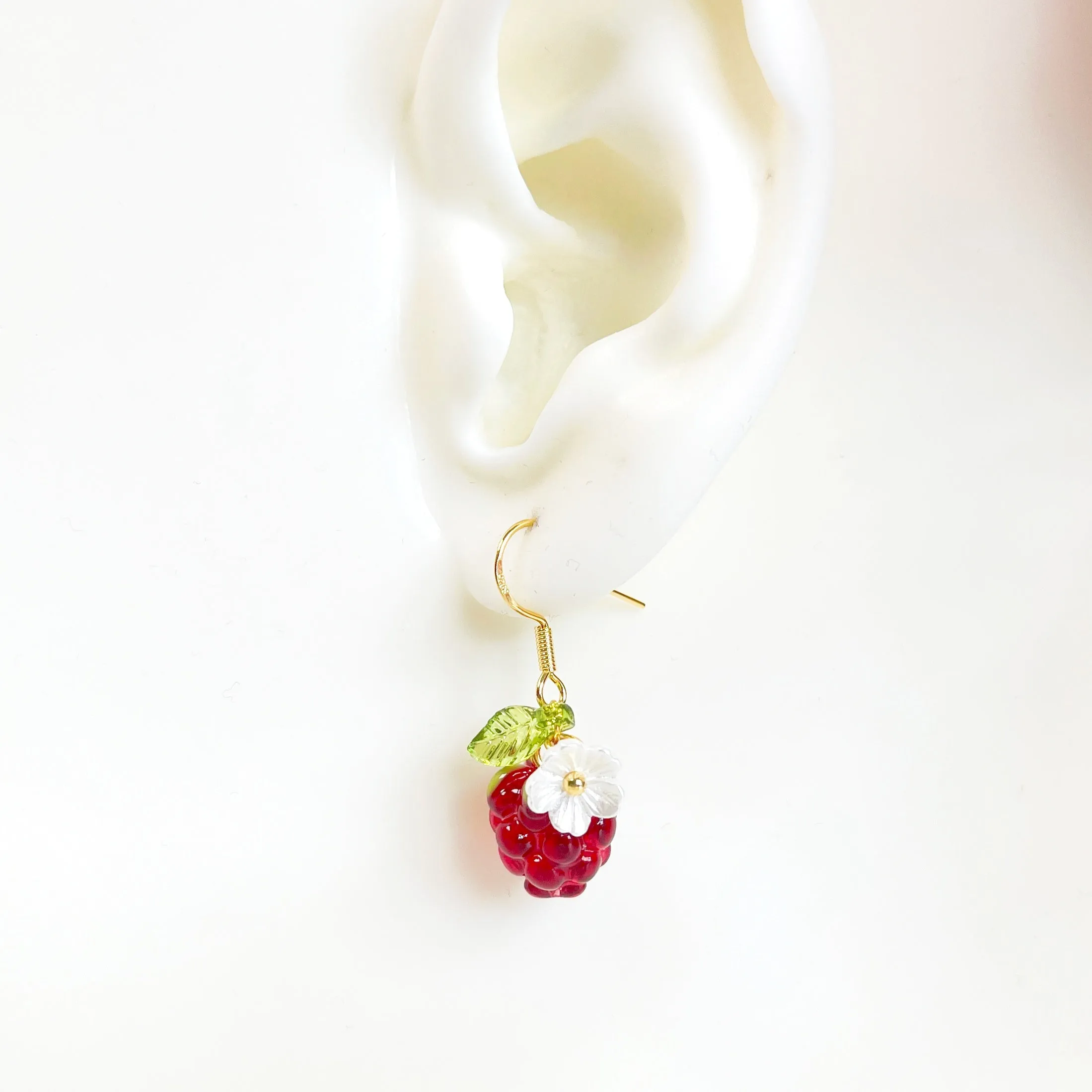 E192 dainty glazed cute raspberry fruit dangle earrings