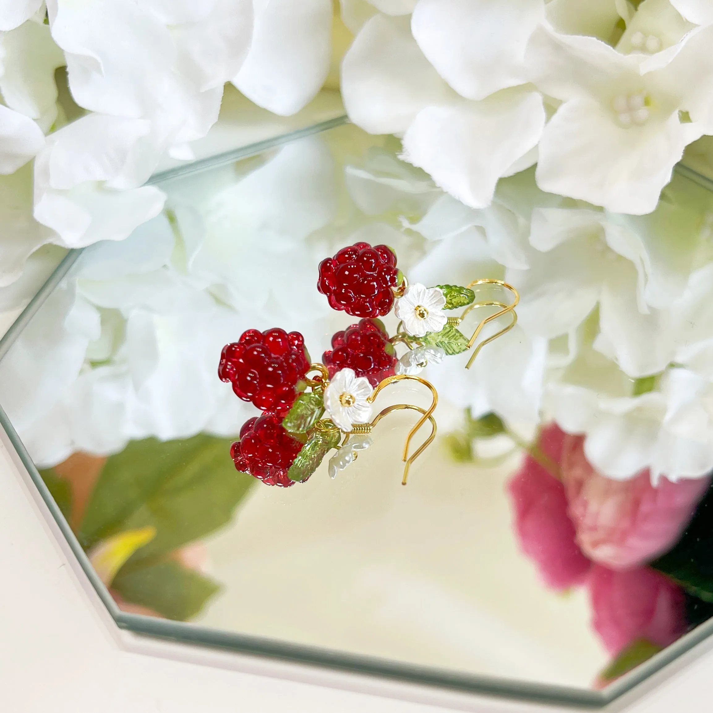 E192 dainty glazed cute raspberry fruit dangle earrings