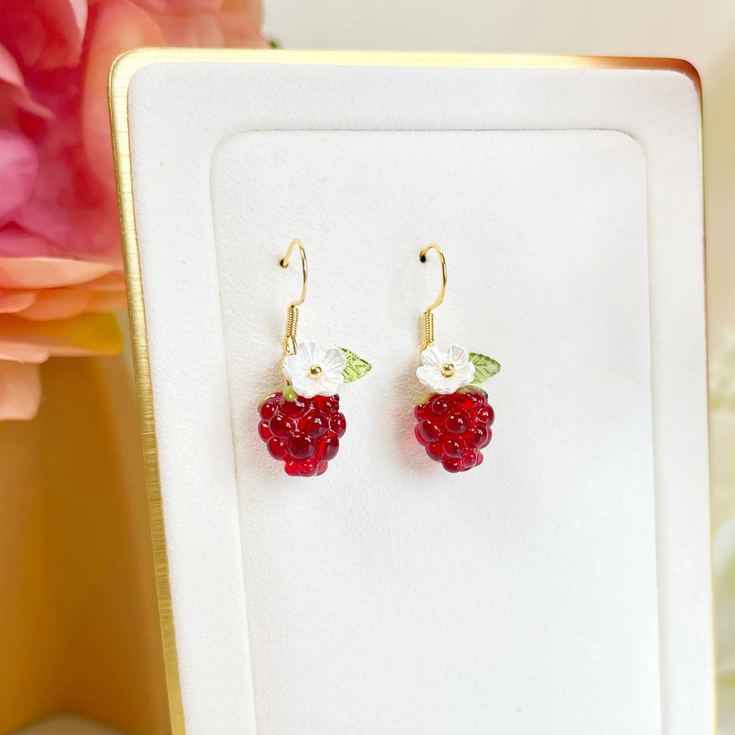 E192 dainty glazed cute raspberry fruit dangle earrings