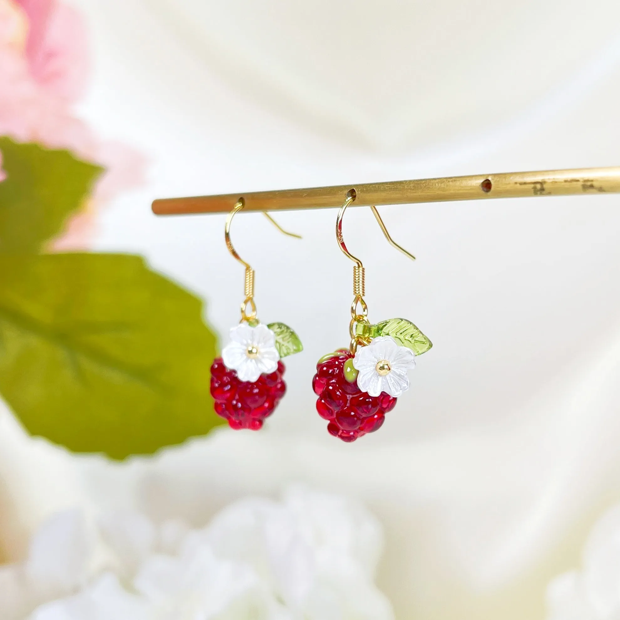E192 dainty glazed cute raspberry fruit dangle earrings