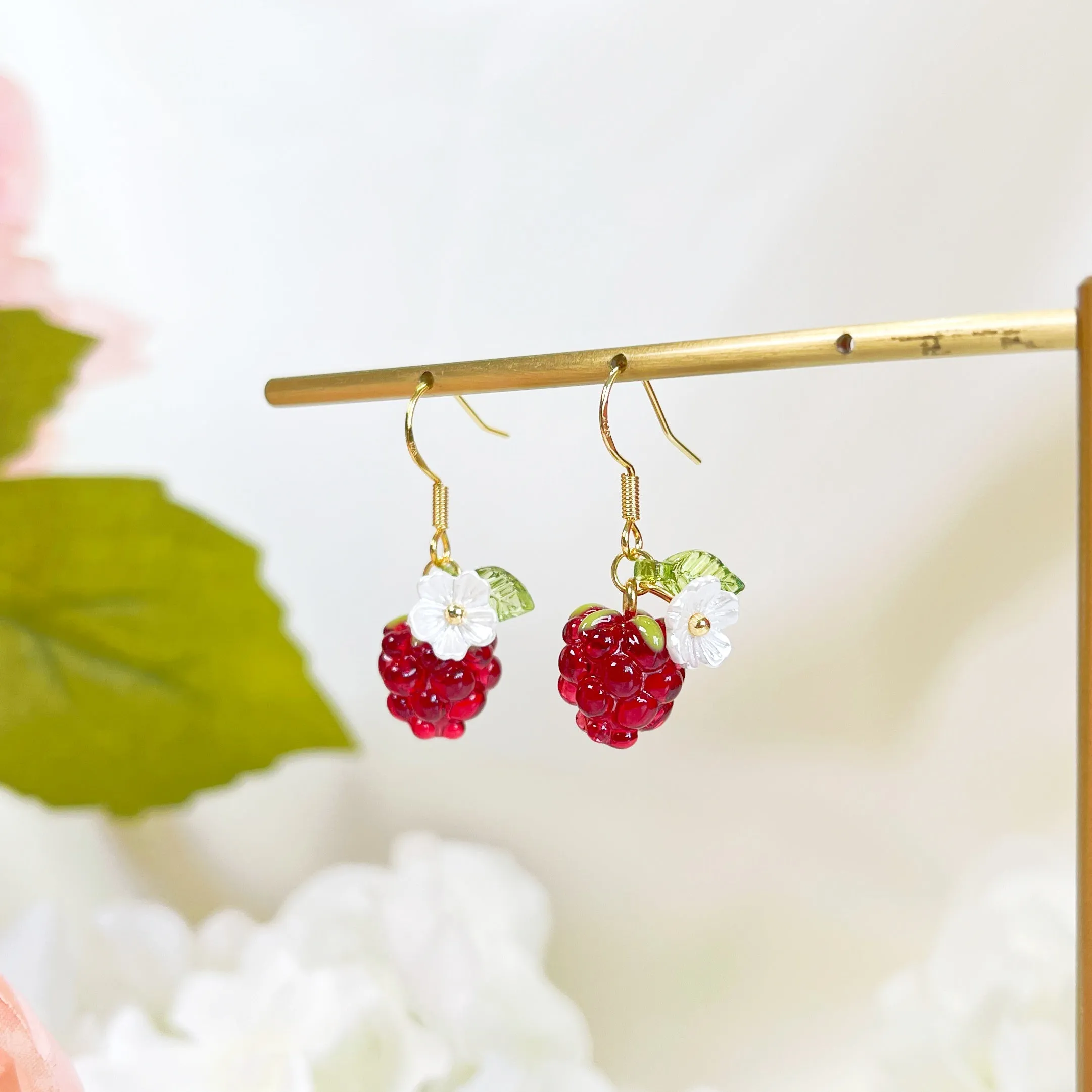 E192 dainty glazed cute raspberry fruit dangle earrings
