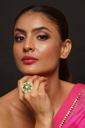 Emerald Green Round Kundan Adjustable Ring
