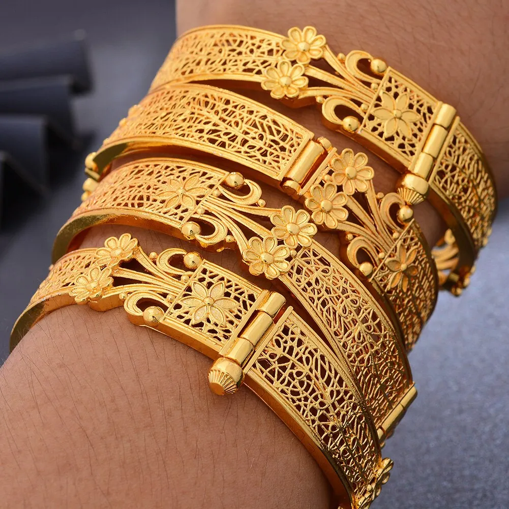 Ethiopia 24k Gold Plated Dubai Bangles For Women African Party Wedding Flower Gifts