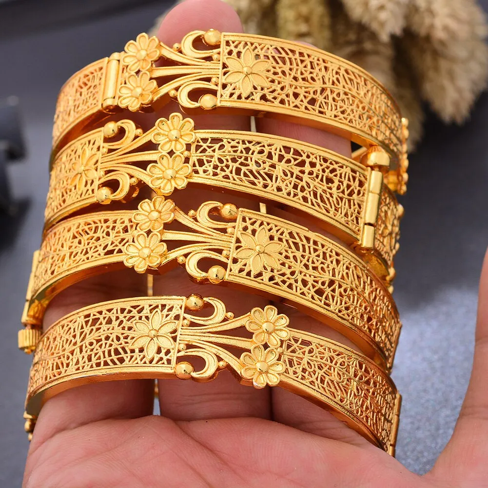 Ethiopia 24k Gold Plated Dubai Bangles For Women African Party Wedding Flower Gifts