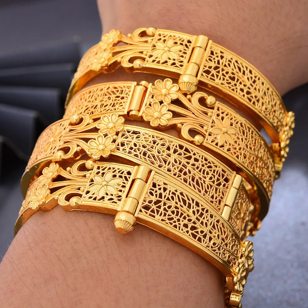 Ethiopia 24k Gold Plated Dubai Bangles For Women African Party Wedding Flower Gifts
