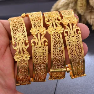 Ethiopia 24k Gold Plated Dubai Bangles For Women African Party Wedding Flower Gifts