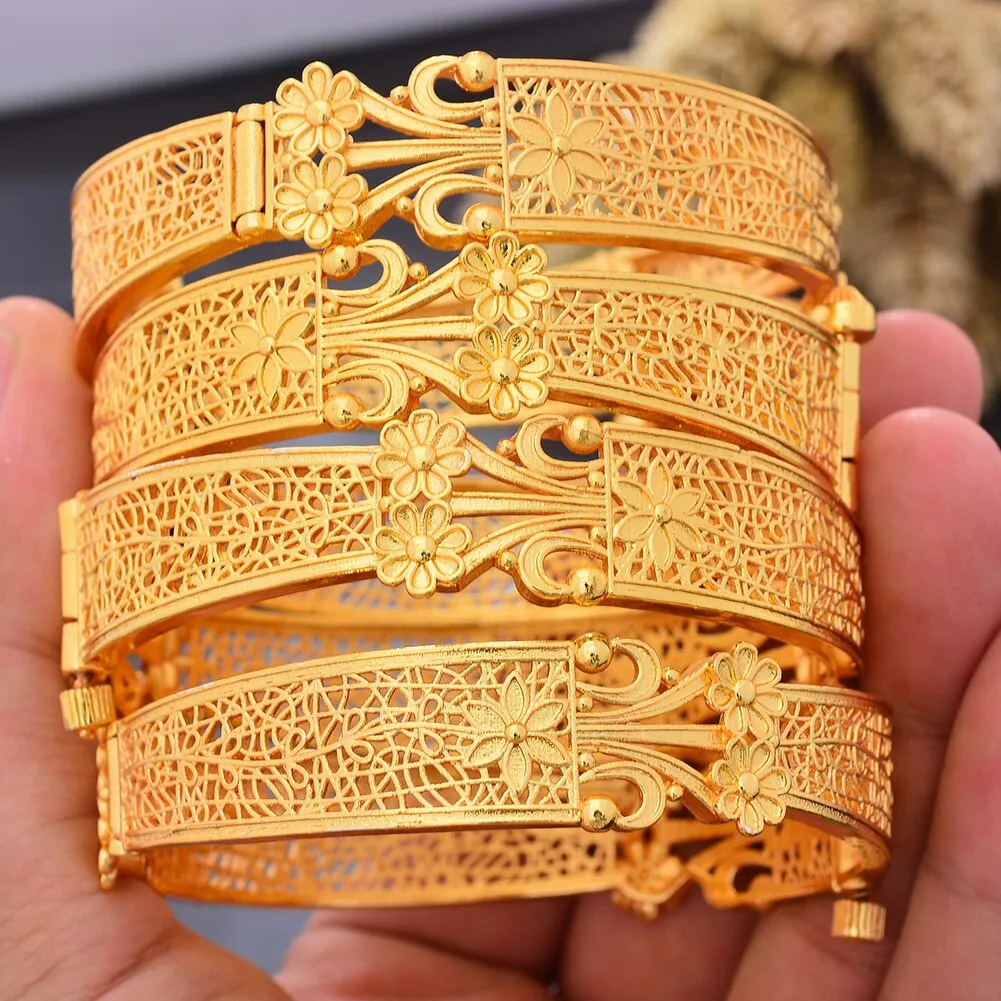 Ethiopia 24k Gold Plated Dubai Bangles For Women African Party Wedding Flower Gifts