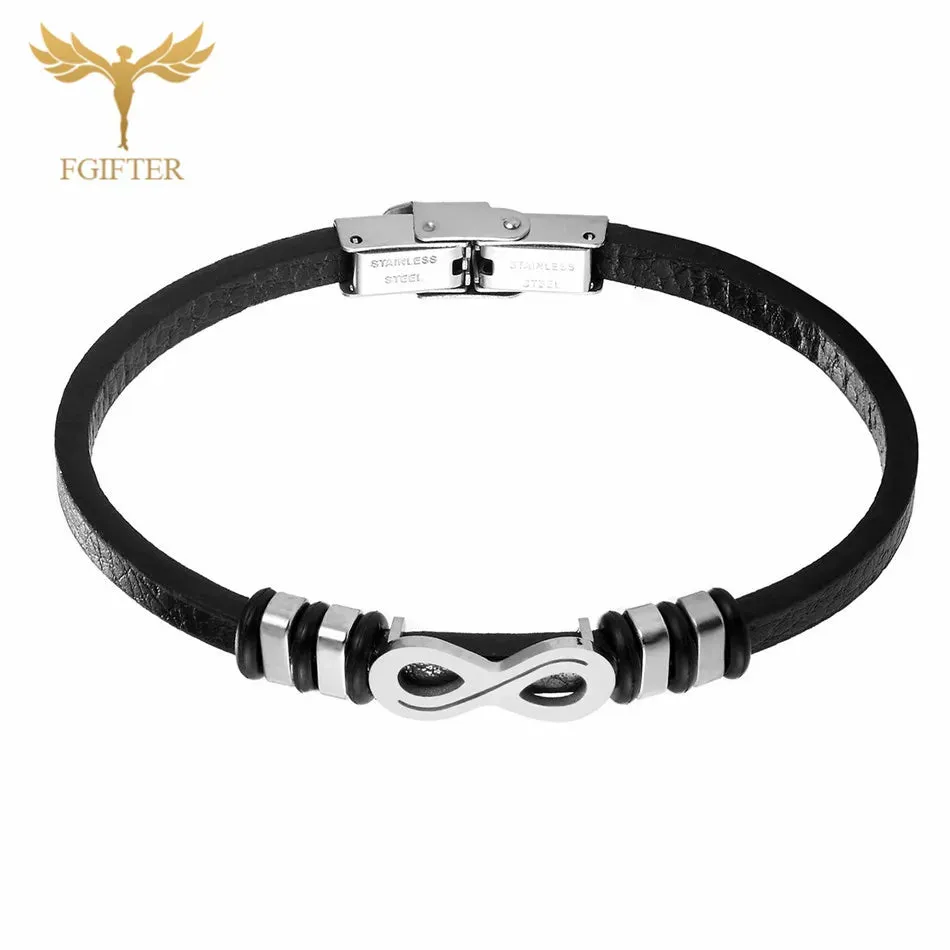 Fashion Women Charm Bracelets Infinity Style Stainless Steel & Leather Cuff Bangles