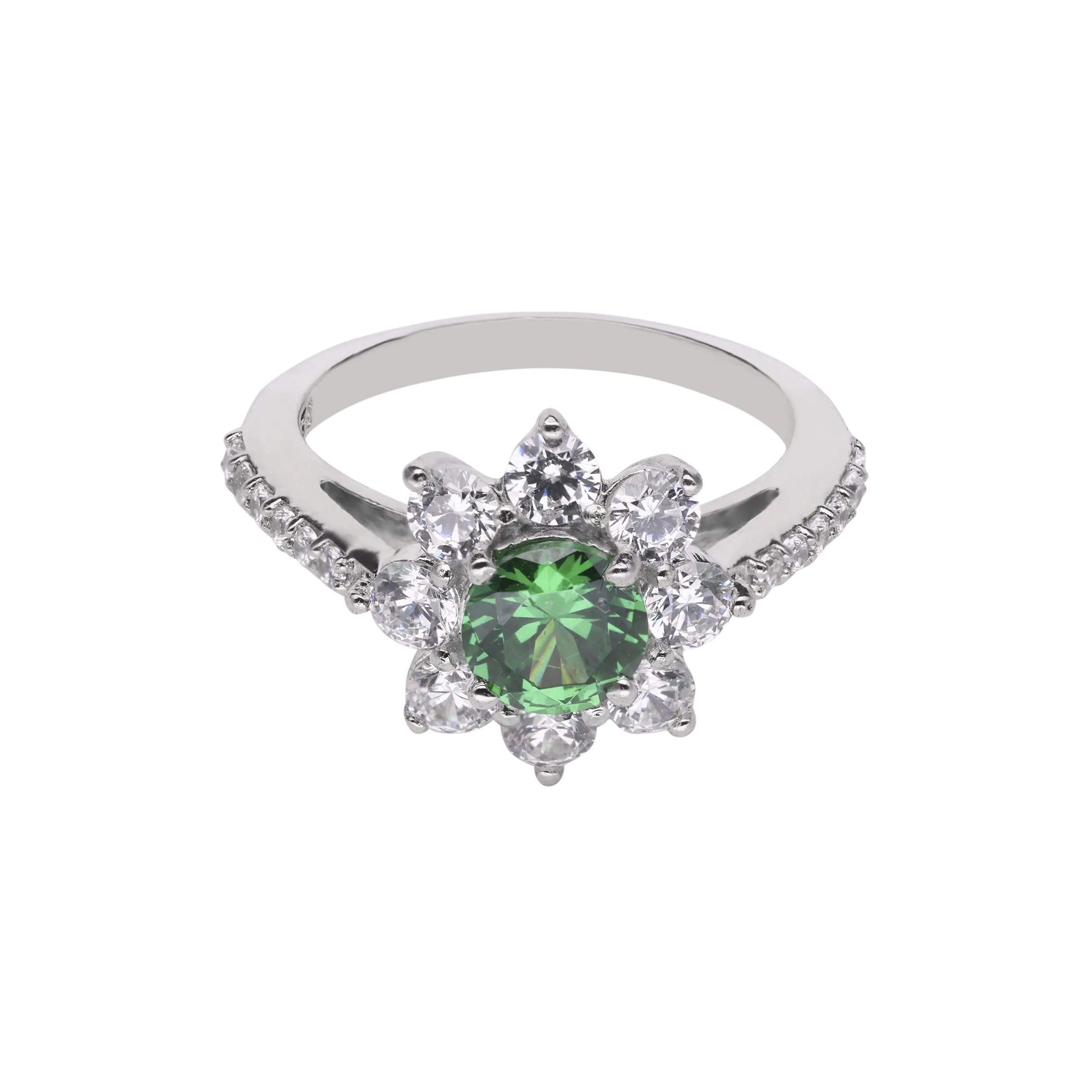 Floral Sterling Silver Ring with Green Gemstone and Cubic Zircon Accents | SKU : 0003395189