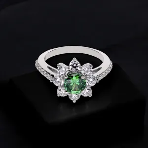 Floral Sterling Silver Ring with Green Gemstone and Cubic Zircon Accents | SKU : 0003395189