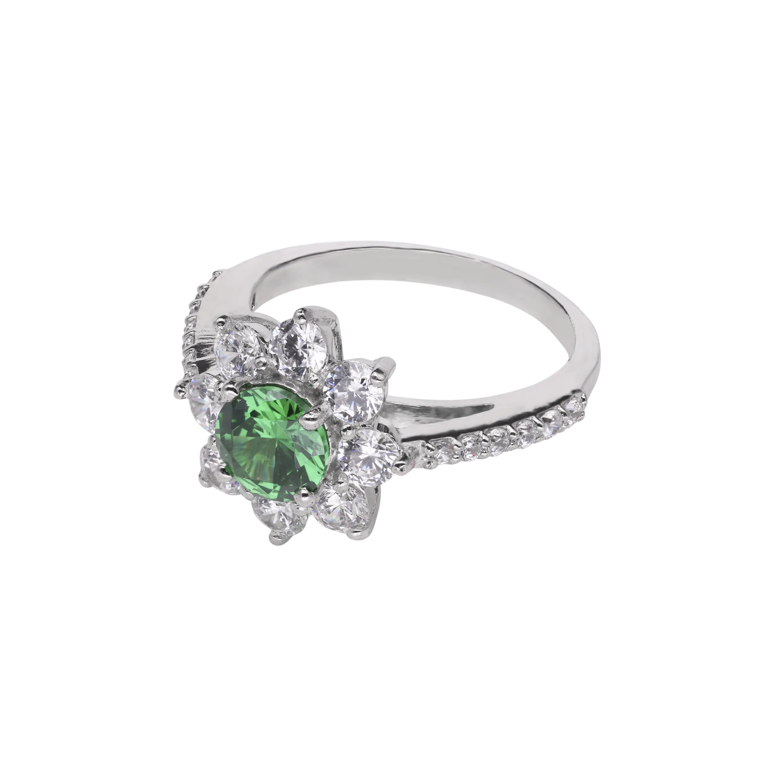 Floral Sterling Silver Ring with Green Gemstone and Cubic Zircon Accents | SKU : 0003395189