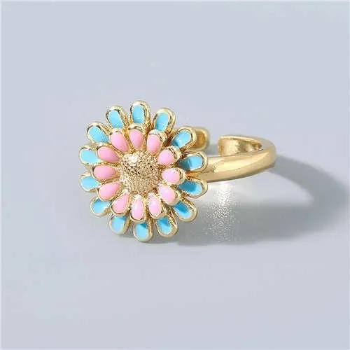 Floral Whimsy: Korean Oil-spot Open-end Ring - Pink/Blue