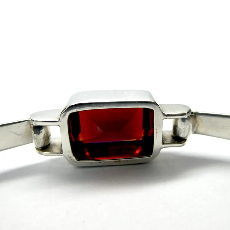Garnet Bracelet Bangle, Faceted Oblong Gemstone, 925 Sterling Silver