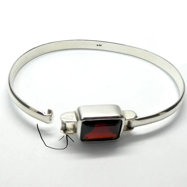 Garnet Bracelet Bangle, Faceted Oblong Gemstone, 925 Sterling Silver