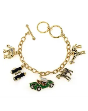 Gold African Safari Theme Charm Bracelet Zebra Giraffe Elephant Binoculars & Jeep by Jewelry Nexus