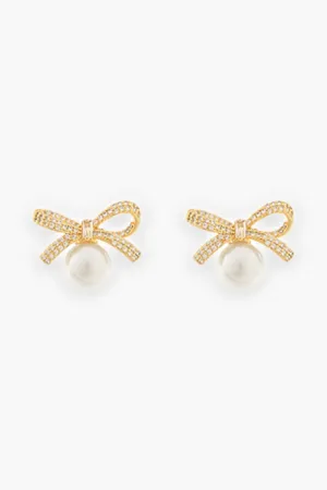 Gold Bow & Pearl Dangle Earrings