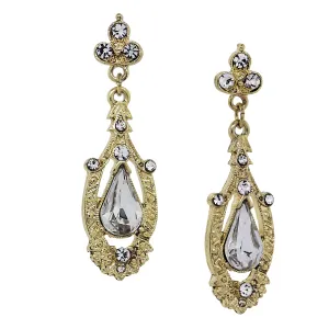 GOLD-TONE CRYSTAL EDWARDIAN PEAR SHAPED CENTER DROP EARRINGS-17538