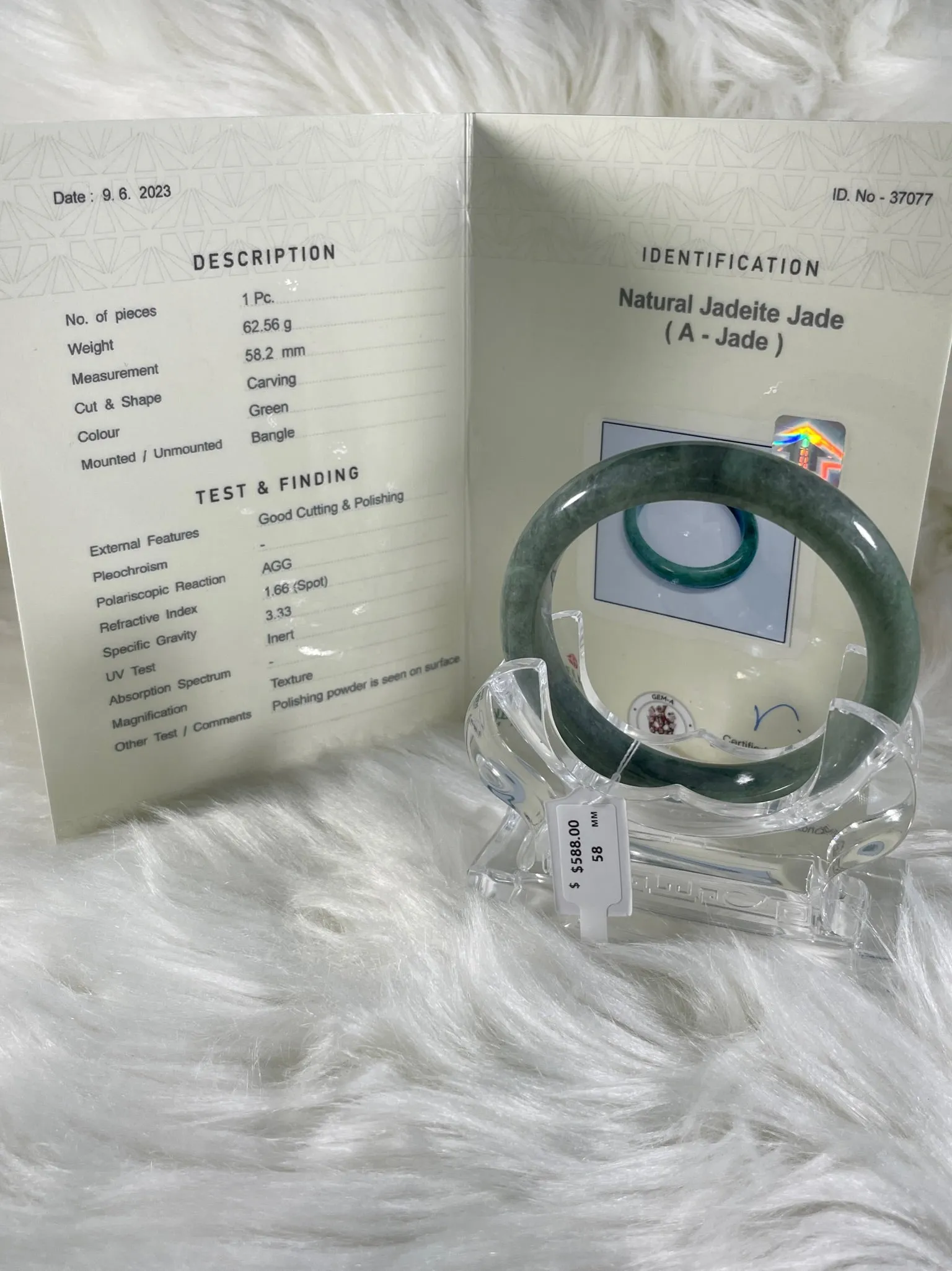 Grade A Natural Jade Bangle with certificate #37077