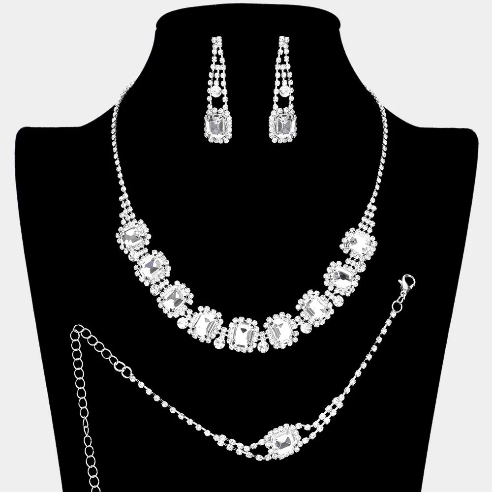 iLLASPARKZ 3PCS - Emerald Cut Stone Accented Rhinestone Necklace Jewelry Set