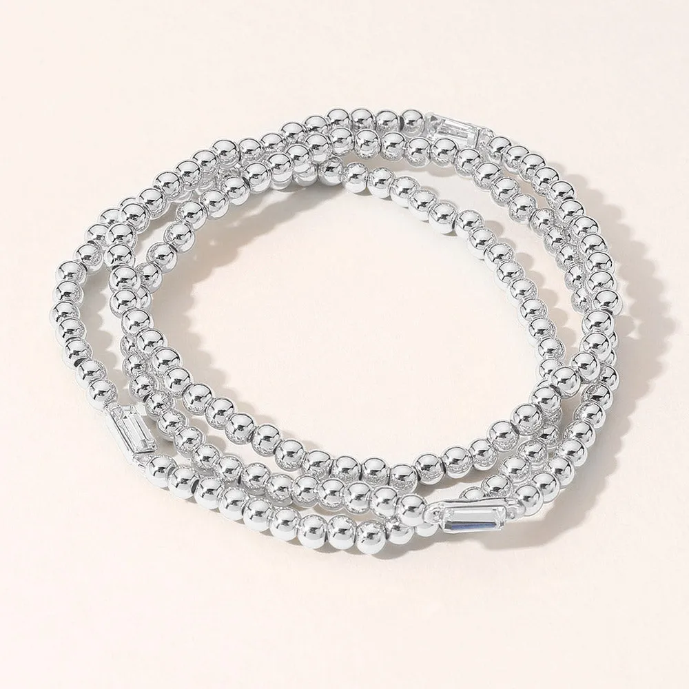 iLLASPARKZ 3PCS - Emerald Cut Stone Cluster Pointed Metal Ball Beaded Stretch Multi Layered Bracelets