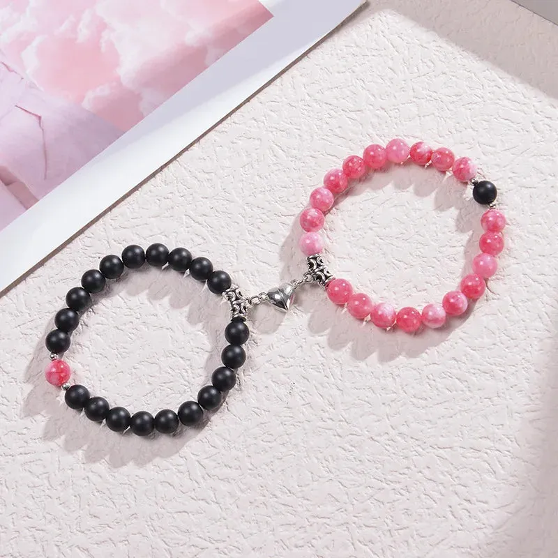 JEWELRY - BRACELETS - COUPLES - LOVE - FRIENDSHIP-2-Pcs Magnetic Couple Bracelets - of 8mm Beads Friendship/Love