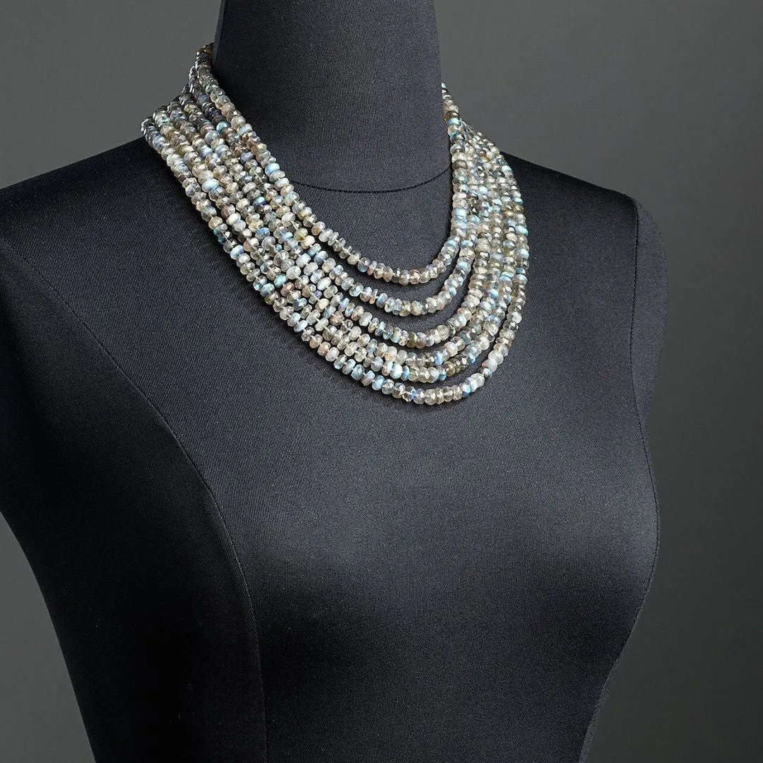 Labradorite Multi Strand Necklace, 14K White Gold