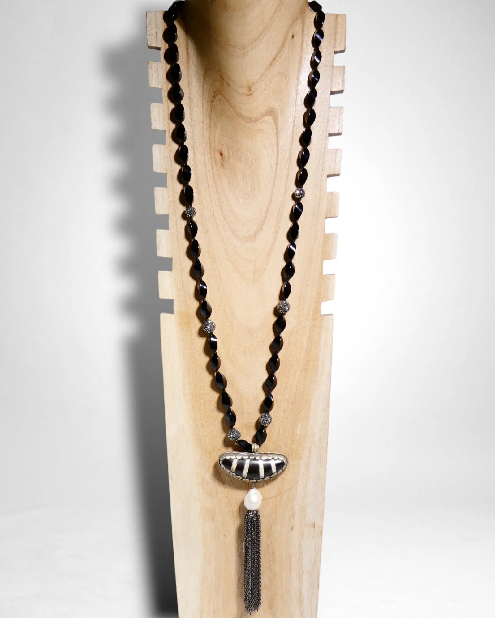 Long Black Gemstone Beaded Tassel Necklace with Crescent Tribal Centerpiece