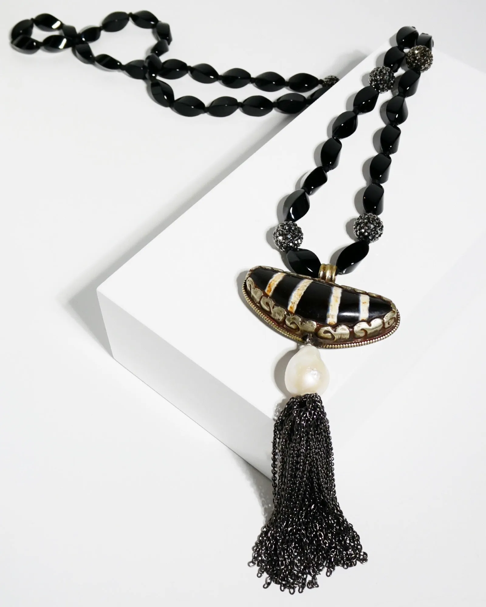 Long Black Gemstone Beaded Tassel Necklace with Crescent Tribal Centerpiece
