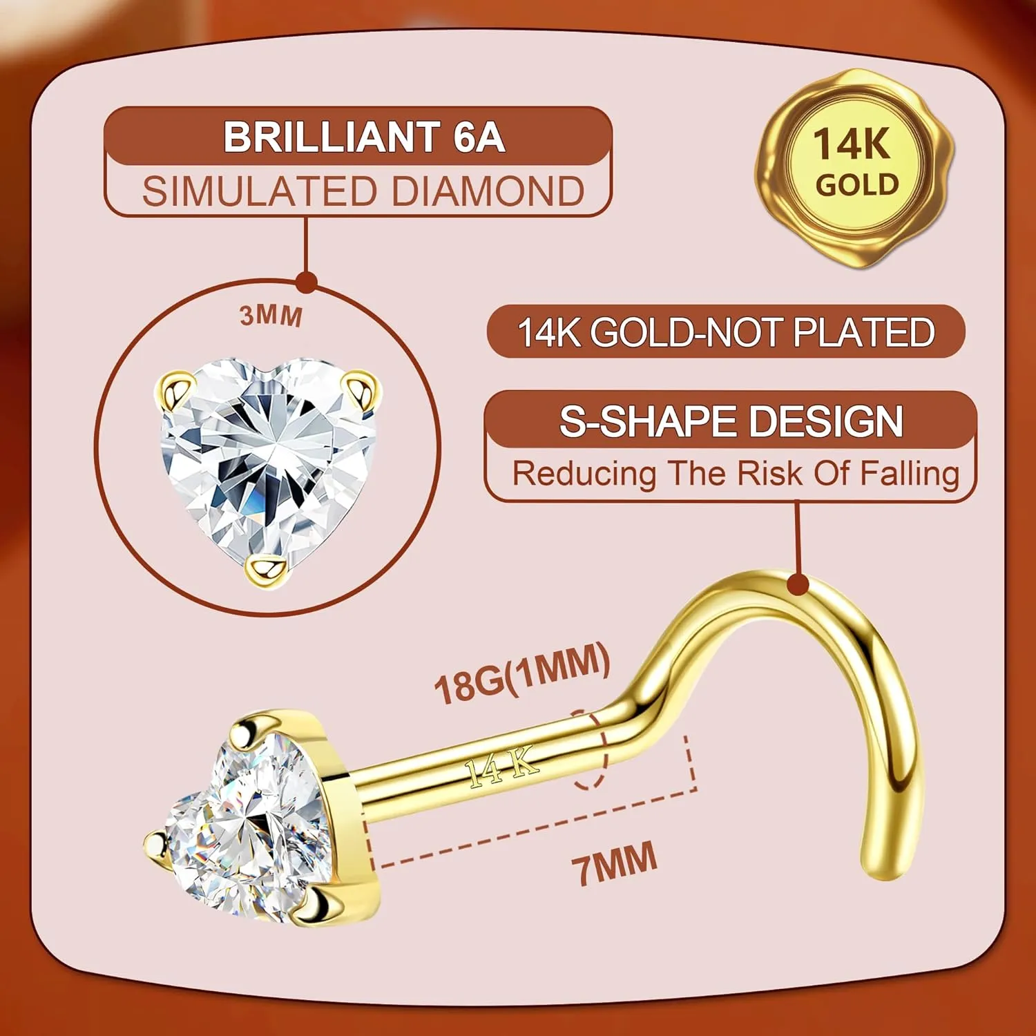 LOYALLOOK 14K Real Gold Nose Studs Heart Simulated Diamond CZ Corkscrew Nose Ring Solid Gold Heart Hypoallergenic Piercings for Women Men 18G 20G