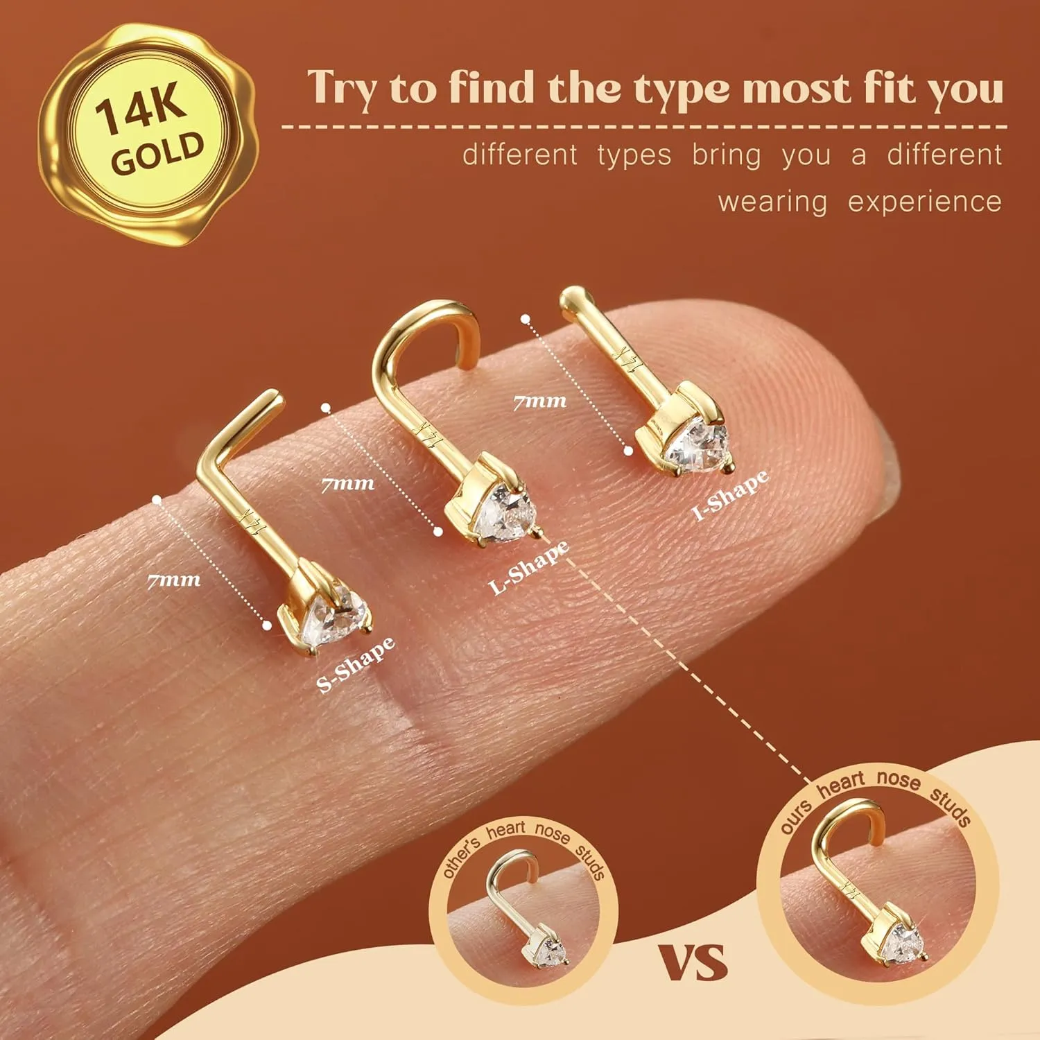 LOYALLOOK 14K Real Gold Nose Studs Heart Simulated Diamond CZ Corkscrew Nose Ring Solid Gold Heart Hypoallergenic Piercings for Women Men 18G 20G