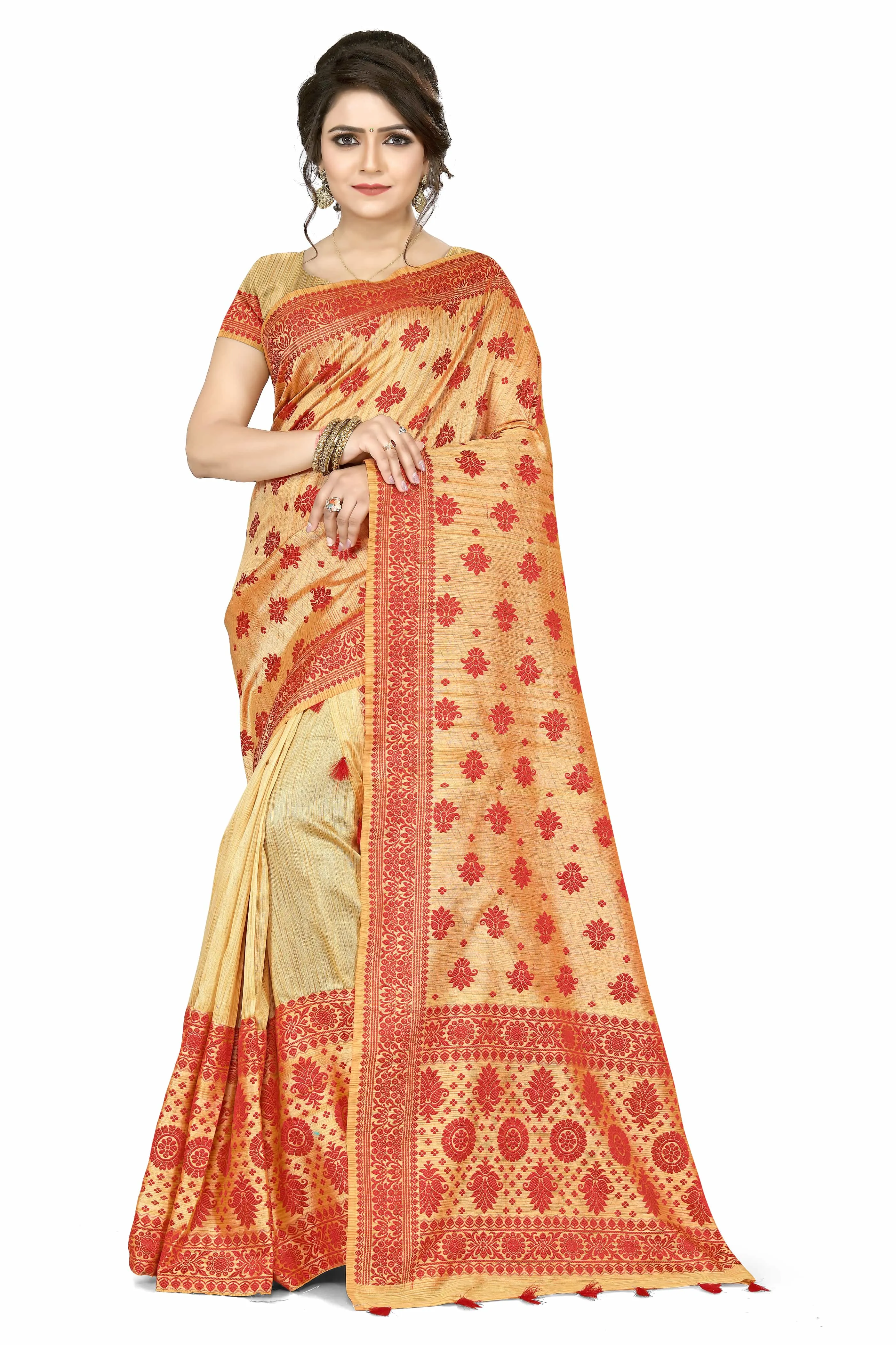 Mekhla Patti Khadi Poly Mekhela Sador - Phul