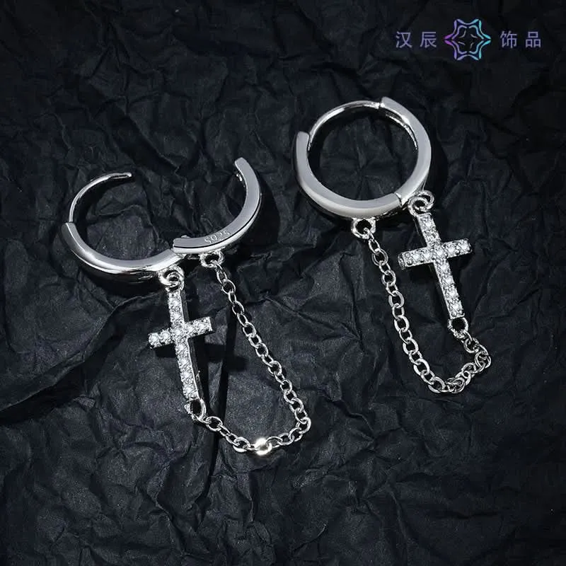 Men’s Stylish Cross Chain Earrings with Tassels – Hip-Hop Diamond Stud