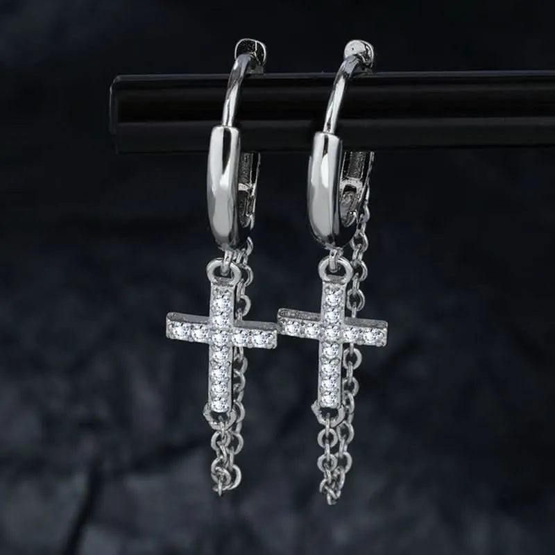 Men’s Stylish Cross Chain Earrings with Tassels – Hip-Hop Diamond Stud