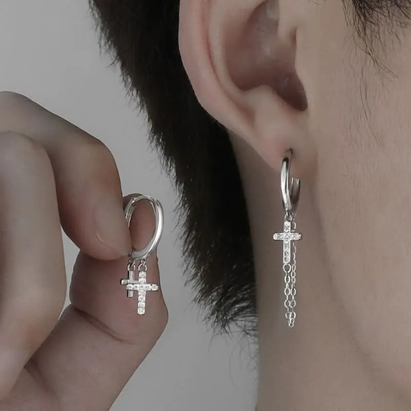 Men’s Stylish Cross Chain Earrings with Tassels – Hip-Hop Diamond Stud