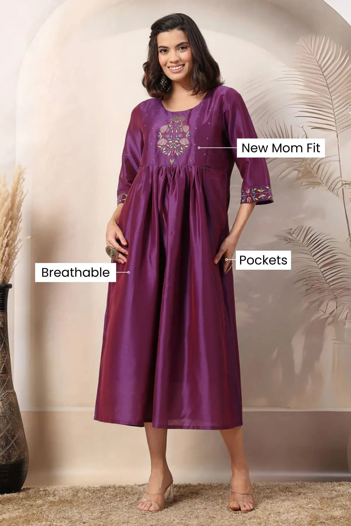 Mystic Violet Maternity Feeding Dress with Embroidered Yoke