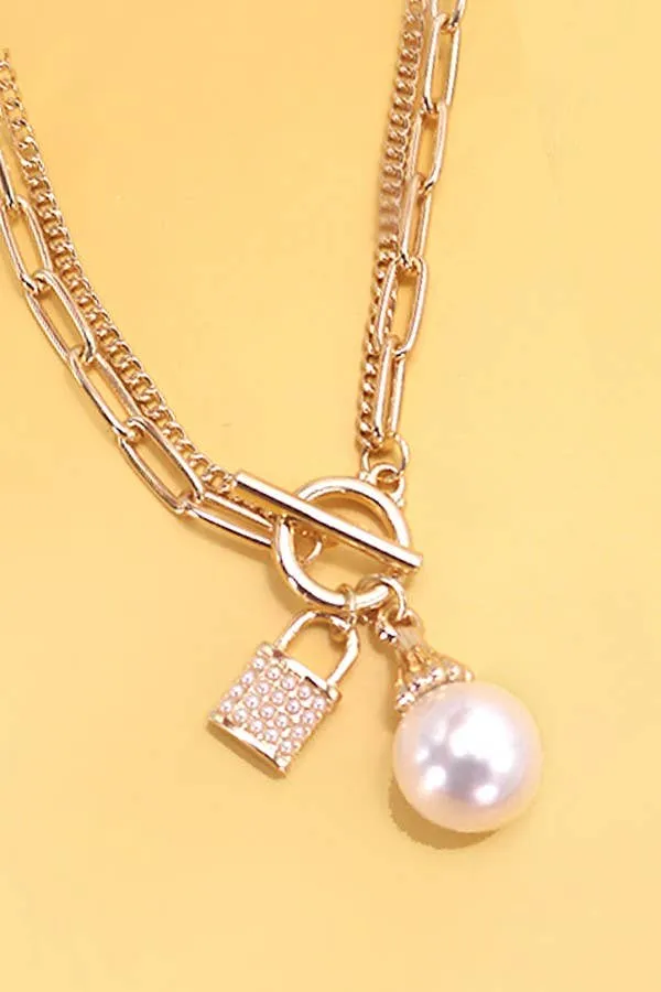PEARL LOCK CHARM DOUBLE LAYER TOGGLE NECKLACE