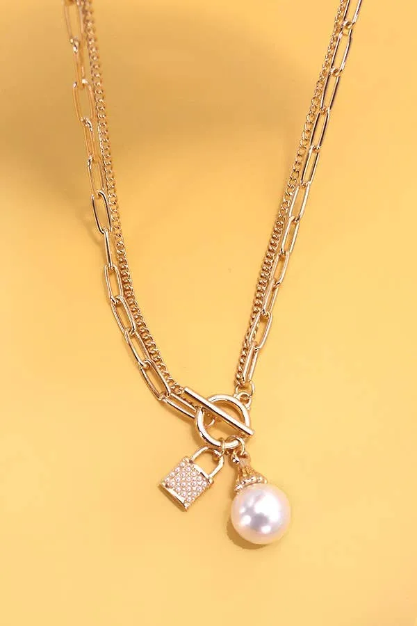 PEARL LOCK CHARM DOUBLE LAYER TOGGLE NECKLACE