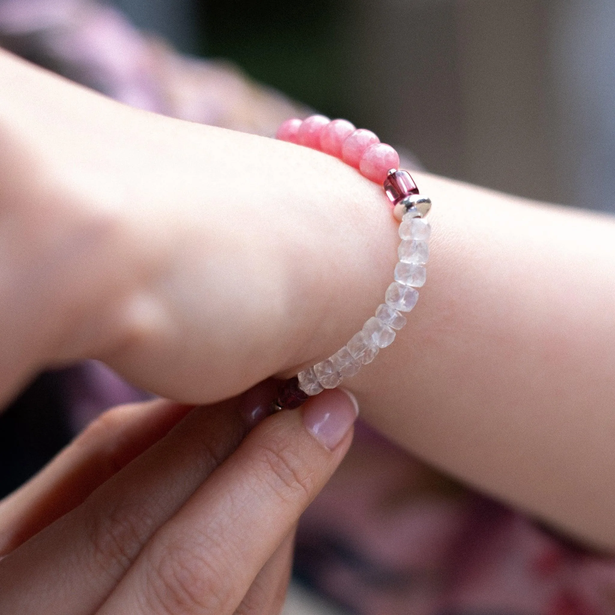 Peony - Rhodochrosite Tourmaline Rainbow Moonstone Bracelet