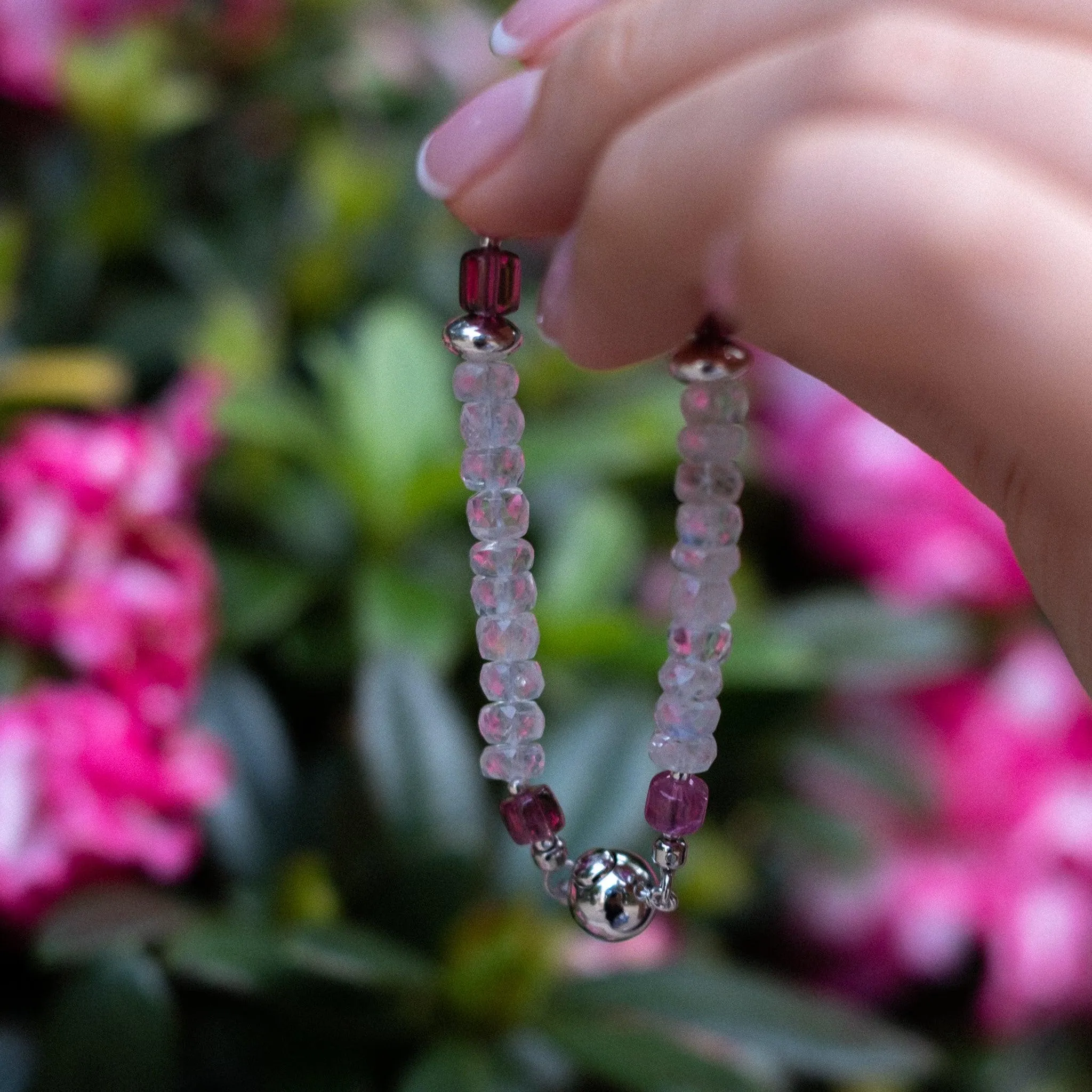 Peony - Rhodochrosite Tourmaline Rainbow Moonstone Bracelet