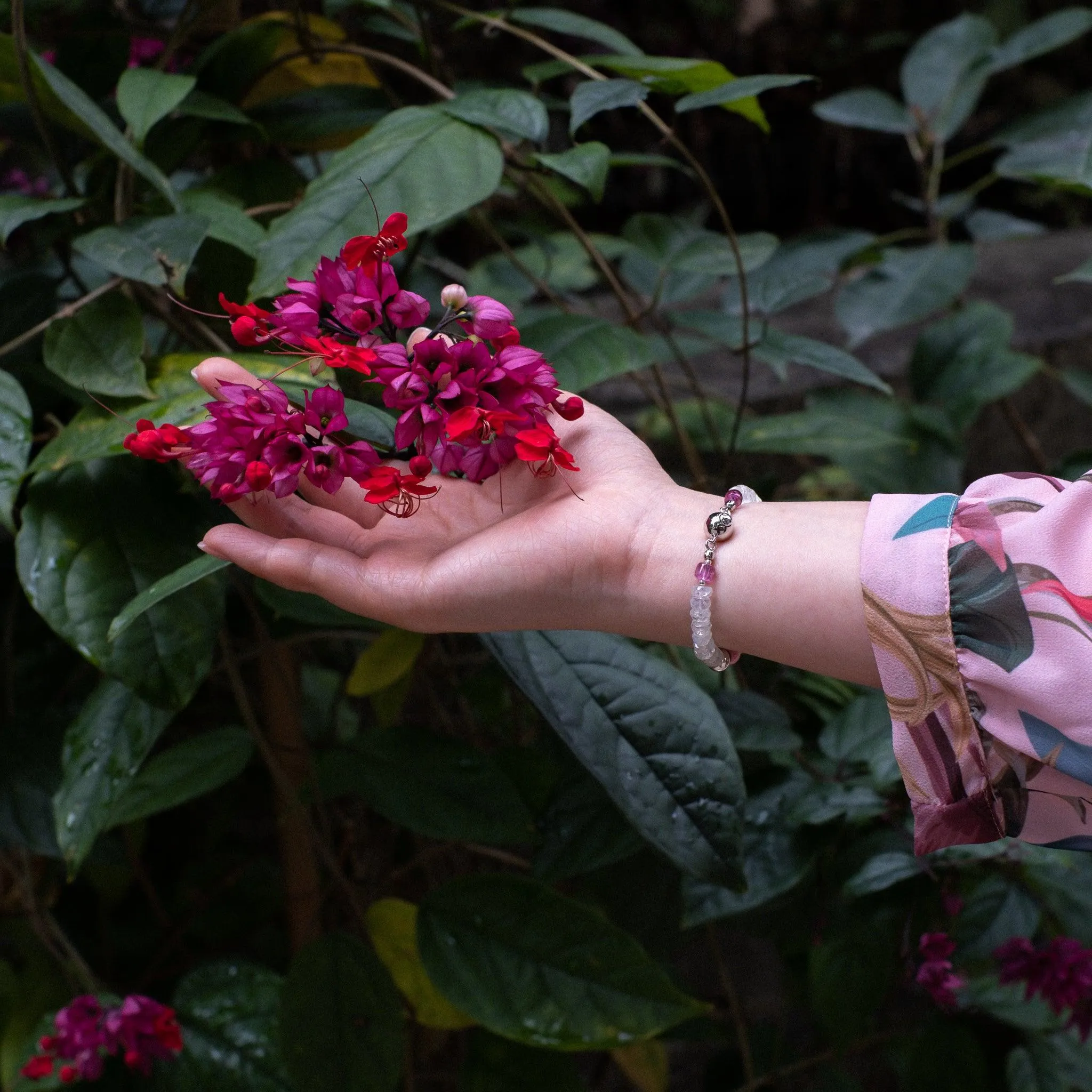 Peony - Rhodochrosite Tourmaline Rainbow Moonstone Bracelet